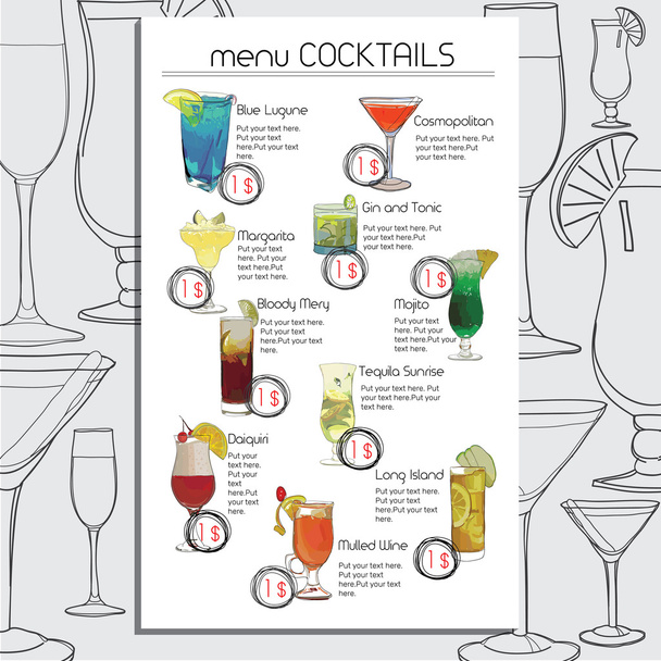 Hand Drawn Cocktails Menu for Cafe, Bar. Template for your desig - Vector, Imagen
