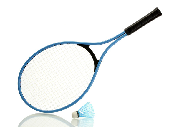 Badminton racket and shuttlecock isolated on white - Фото, изображение