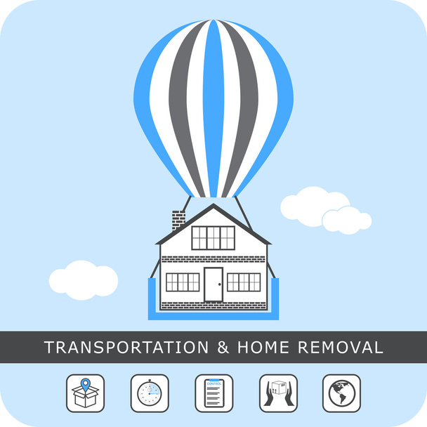 Ulaşım ve ev temizleme - hisse senedi vektör. Evi balon üzerinde taşımak için düz tasarım.  - Vektör, Görsel