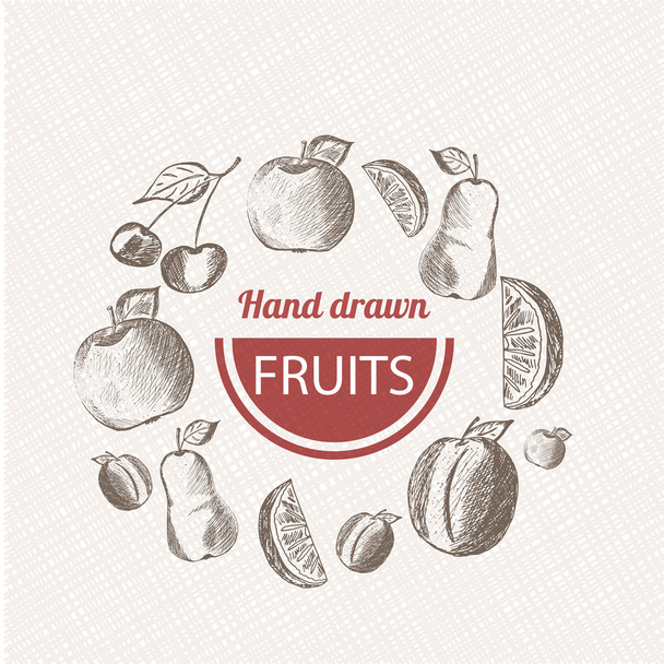 Ručně kreslenou skica styl ovoce složení. Zdravé potraviny vektorové ilustrace. Náčrt jablko, čerpadlo, třešeň, hruška, citron. - Vektor, obrázek