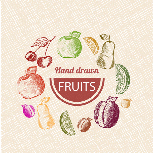 Χέρι που σκίτσο στυλ φρούτα σύνθεση. Εικονογράφηση φορέας υγιεινά τρόφιμα. Πολύχρωμο σκίτσο μήλο, αντλία, κεράσι, αχλάδι, λεμόνι. - Διάνυσμα, εικόνα