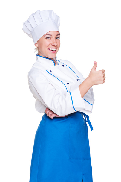 Cheerful young cook showing thumbs up - Zdjęcie, obraz
