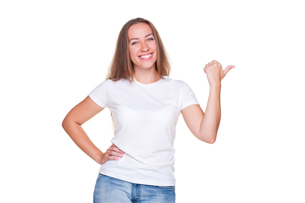 Woman in white t-shirt showing direction - Foto, immagini