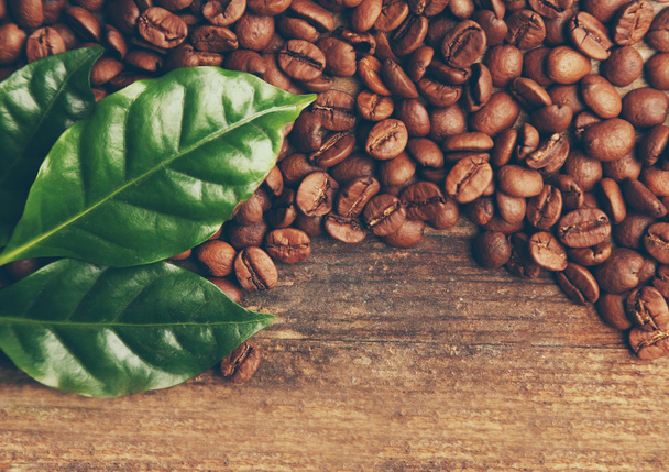 grãos de café e folhas verdes  - Foto, Imagem