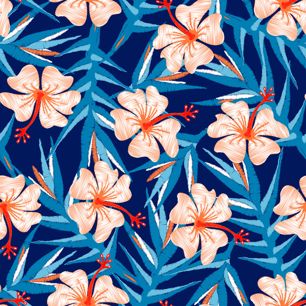 Tropical ginger embroidery floral design seamless pattern - Vektör, Görsel