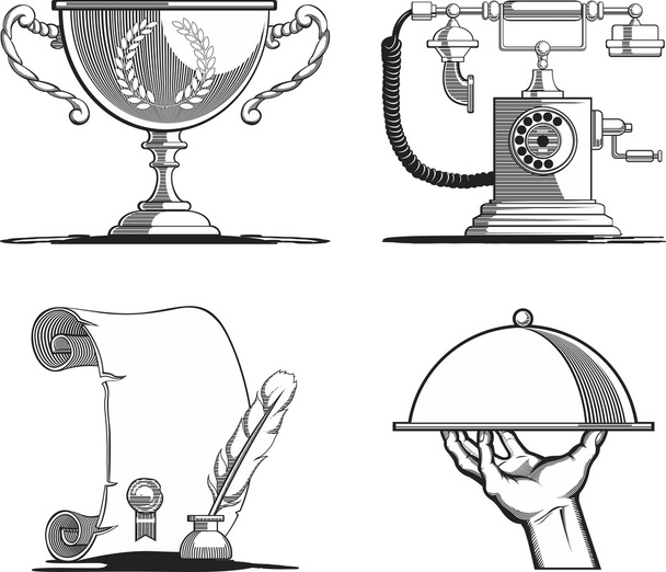 Retro Icons - Старый Скрипт, Телескоп, Трей и Трофи
 - Вектор,изображение