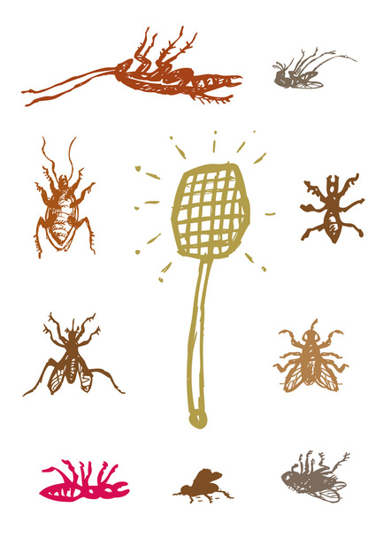 Dead Household Pests with Swatter (en inglés). vector de control de plagas. Clip de arte editable
. - Vector, Imagen