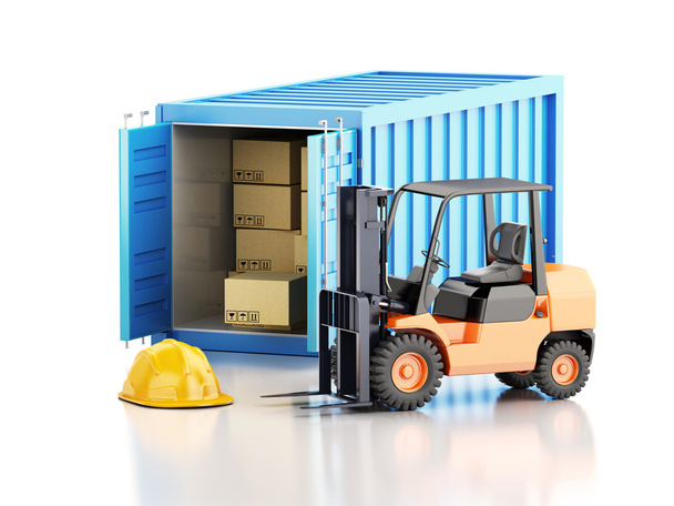 3d Вантажний контейнер з вилковим навантажувачем і картонними коробками
.  - Фото, зображення