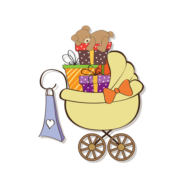 vauvasuihkukortti lahjapakkauksilla lastenvaunuissa - Valokuva, kuva