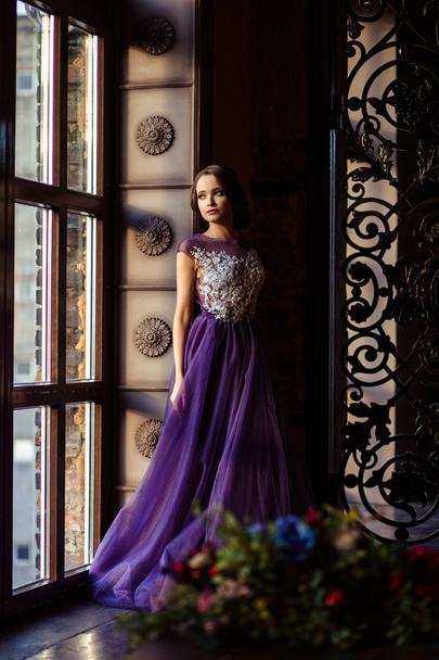 portrait of beautiful elegant young woman in gorgeous evening dress - 写真・画像
