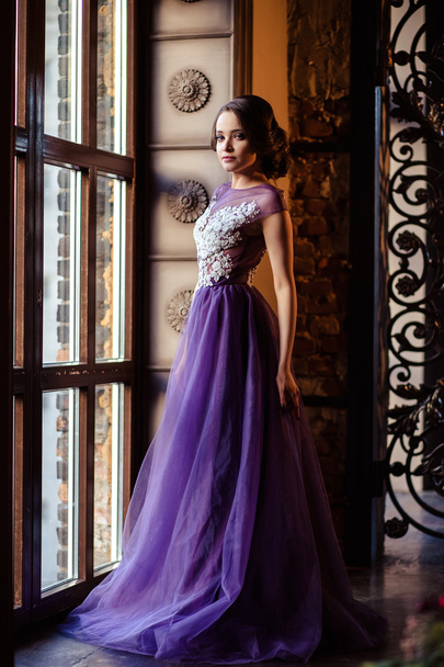portrait of beautiful elegant young woman in gorgeous evening dress - 写真・画像