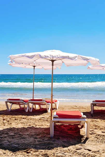 sunloungers and umbrellas in a quiet beach - Photo, Image
