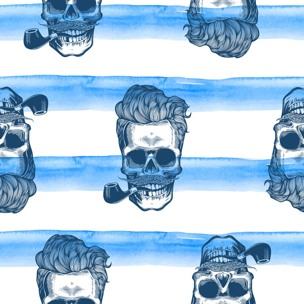 Hipster seamless pattern with skulls silhouettes watercolor stripes at the background. Skull silhouette in engraving style  mustache, beard, tobacco pipes. Vector illustration. - Wektor, obraz