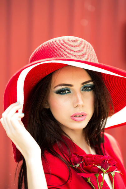 sexy woman in red hat with rose - Valokuva, kuva