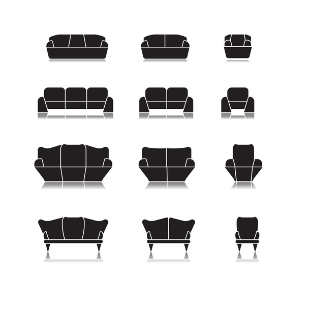 sofá icono conjunto, asiento casa símbolos interrior diseño
 - Vector, Imagen