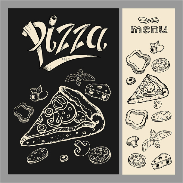 Pizza. Menú. Dibujo de pizza con tiza sobre pizarra negra. Ilustración vectorial dibujada a mano
 - Vector, Imagen
