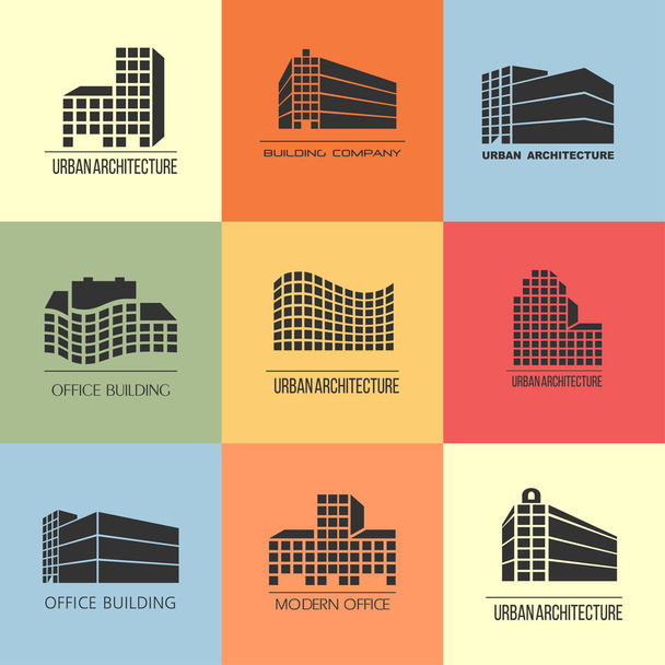 Set van 9 vector logo's, stedelijke architectuur, iconen voor een bouwbedrijf. Gebouwen, kantoren, hotels - Vector, afbeelding