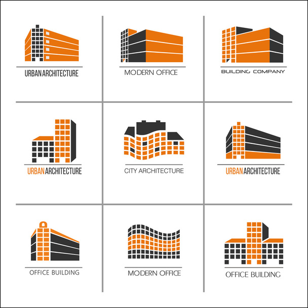 Sada 9 vektorových log, městská architektura, ikony pro stavební společnost. Výstavba budov, kanceláří, hotelů - Vektor, obrázek