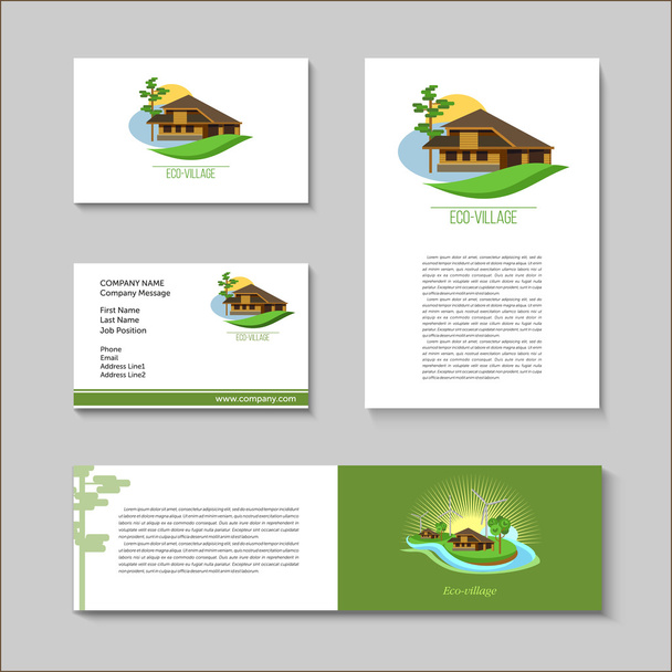 Conjunto de cartazes vetoriais e cartões de visita com o logotipo de eco-vilas, ECO-casa. Estilo de marca. Imóveis suburbanos
 - Vetor, Imagem