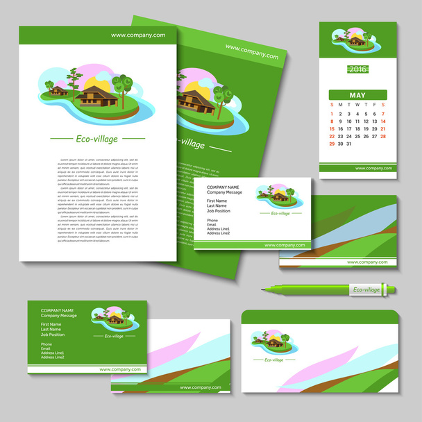 Set of vector posters, business cards, pens, flash drives, envelopes with the logo of eco-villages, ECO-house. Brand style. Suburban real estate - Vektör, Görsel