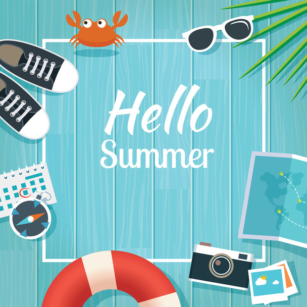 Summer traveling template with wooden background - Vector, Image
