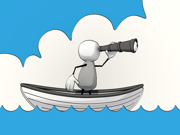 σχηματικό αντράκι σε μια βάρκα με κουπιά με τηλεσκόπιο - Φωτογραφία, εικόνα