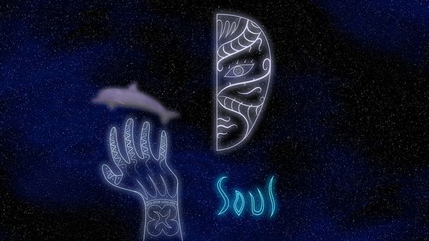 Светящаяся половина лица, татуировка руки и дельфин на космическом фоне 3D иллюстрация
 - Фото, изображение