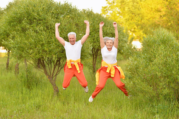 Happy fit senior couple jumping - Photo, Image