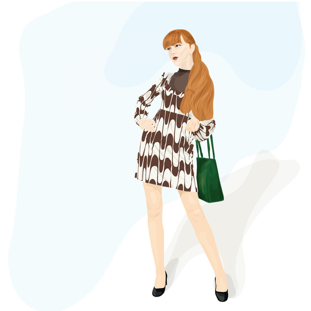 girl with green bag - Vector, Image