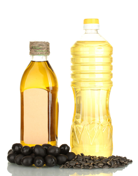 Olive and sunflower oil in the bottles isolated on white - Valokuva, kuva