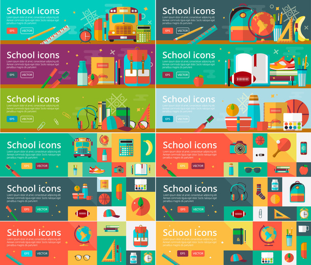 Vector collection of flat education design concepts. Horizontal banners set with school items. - Vector, Image
