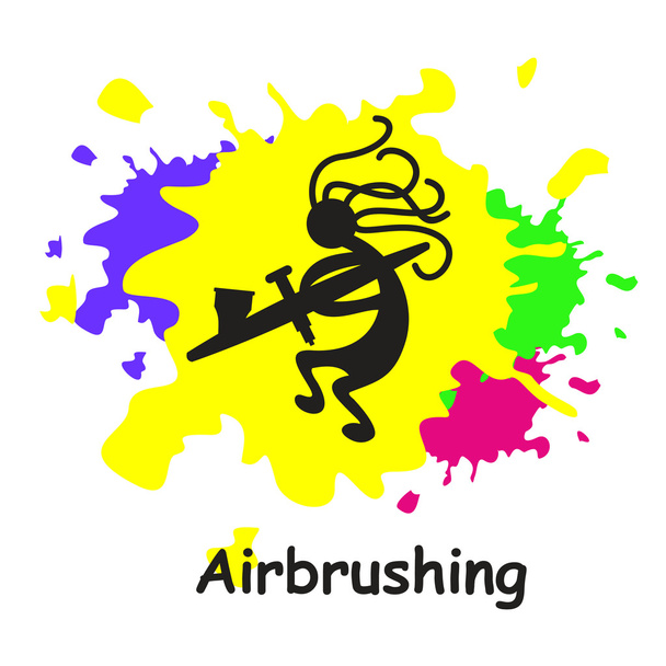 Airbrushing, Vektorsymbole, Logo. der Künstler mit der Airbrush auf dem Hintergrund heller Kleckse - Vektor, Bild