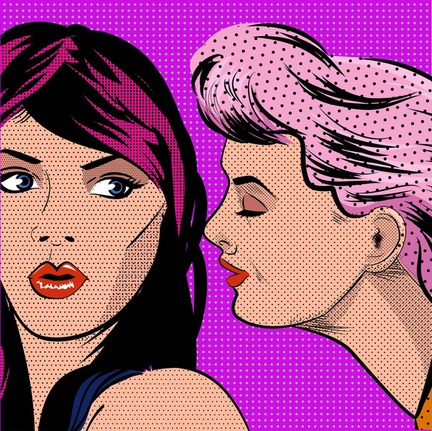 Frau erzählt Geheimnisse, tratschende Mädchen Pop Art Retro-Illustration - Vektor, Bild