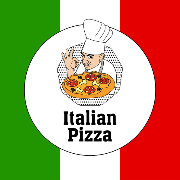 Chef cocina italiana y pizza en el fondo de la bandera de Italia. Logo, etiqueta pizza
 - Vector, Imagen