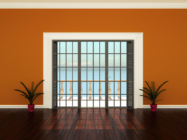 Пустой интерьер комнаты с оранжевыми стенами, цветами и окнами на террасу
 - Фото, изображение