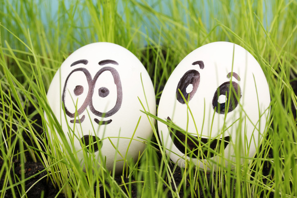 White eggs with funny faces in green grass - Fotoğraf, Görsel