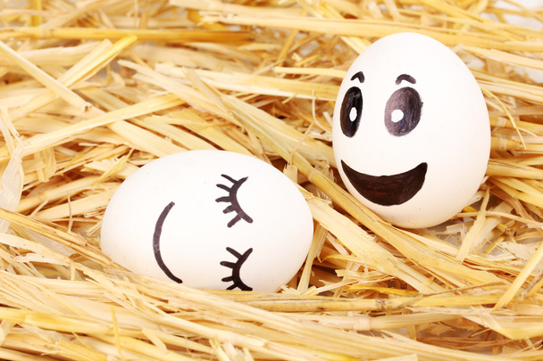 White eggs with funny faces in straw - Zdjęcie, obraz