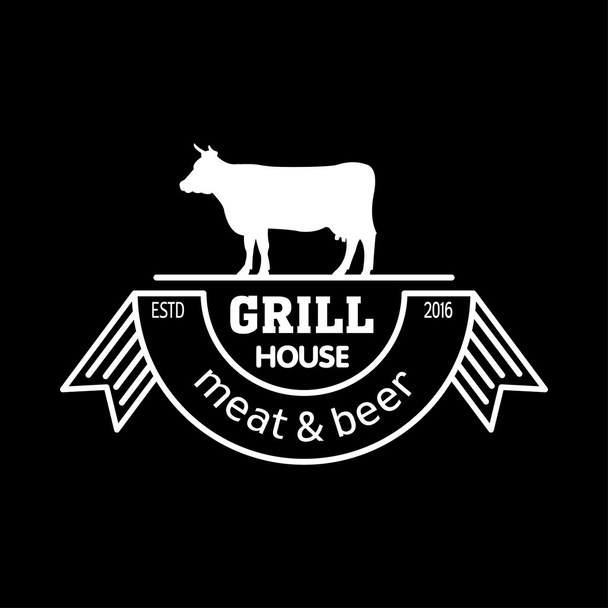 Grill house. Meat and beer. Vintage logo grill chalk on a black Board. Logo for a cafe, beer restaurant. barbecue. - Vector, Image