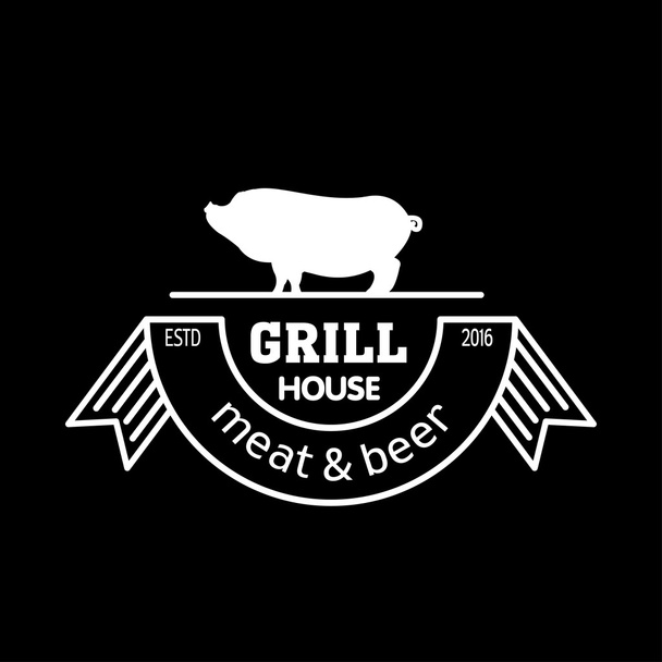 Grill house. Meat and beer. Vintage logo grilled pork with chalk on black Board. Logo for a cafe, beer restaurant. barbecue - Vector, Image