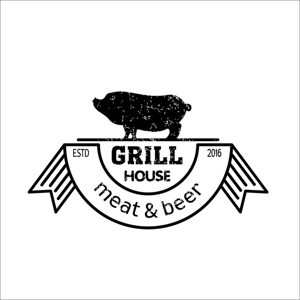 グリルハウス肉とビールヴィンテージロゴ焼き豚。カフェ、ビールレストランのロゴ。バーベキュー - ベクター画像