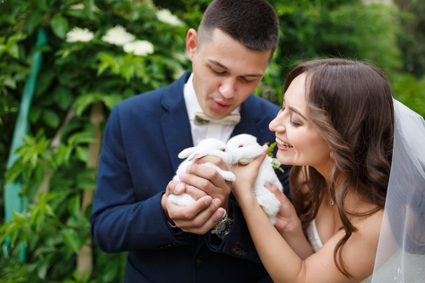 Свадебная пара с двумя кроликами
 - Фото, изображение