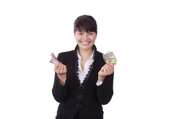 Businesswoman holding a money and smilin - Фото, изображение