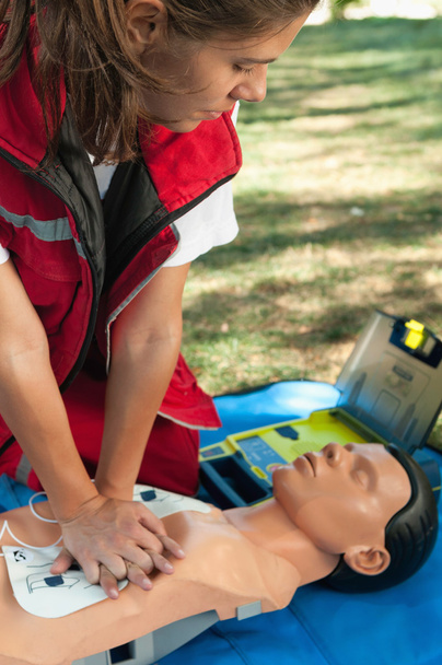 member of first aid simulated medical exercise - Photo, Image