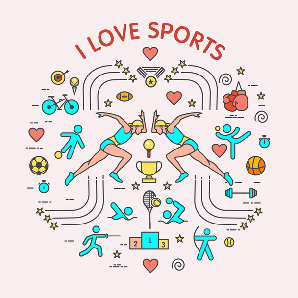 Miluju ten sport. Sportovní infografie. Sada prvků a ikon pro tisk na trička. Různé druhy sportů - Vektor, obrázek