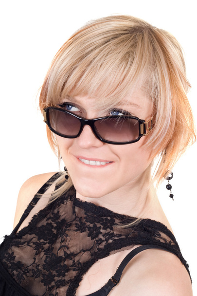 The blonde in sunglasses with a crafty s - Zdjęcie, obraz