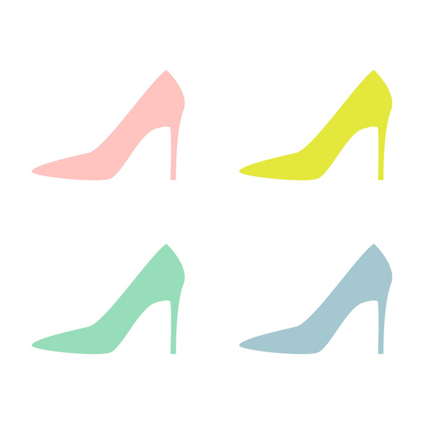 Multicolored woman shoes on high heels silhouettes - fashion  elements. Flat design style. Female shoes icons - simple and minimalistic. Vector illustration. - Vektor, obrázek