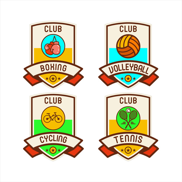 Logos, emblems, emblems of sports clubs. Boxing, volleyball, Cycling, tennis - Vector, Image