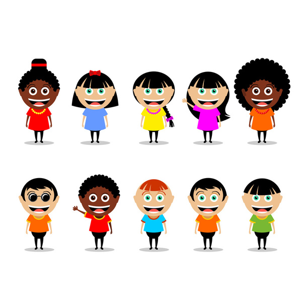 Gente, un conjunto de caracteres vectoriales. Niñas y niños, afroamericanos y europeos aislados sobre fondo blanco
 - Vector, imagen