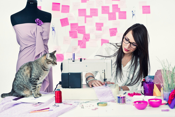 Designer de moda trabalhando com gato
 - Foto, Imagem