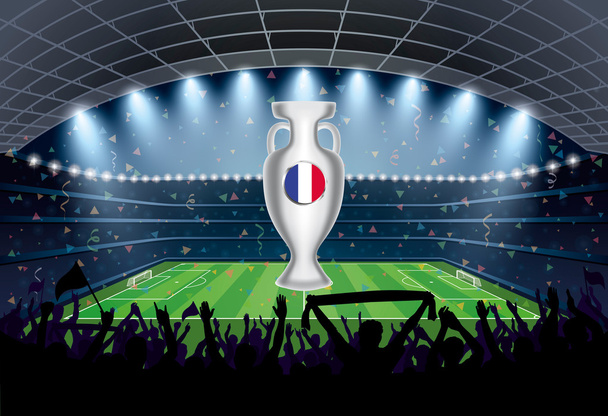 Trophäe mit Frankreich-Fahne und aufgeregter Menschenmenge bei einem Fußballspiel  - Vektor, Bild